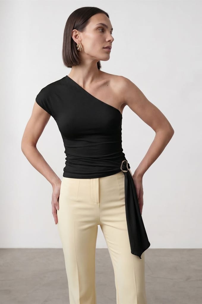 Slim Fit Off-Shoulder Jersey Blouse met Strikdetail