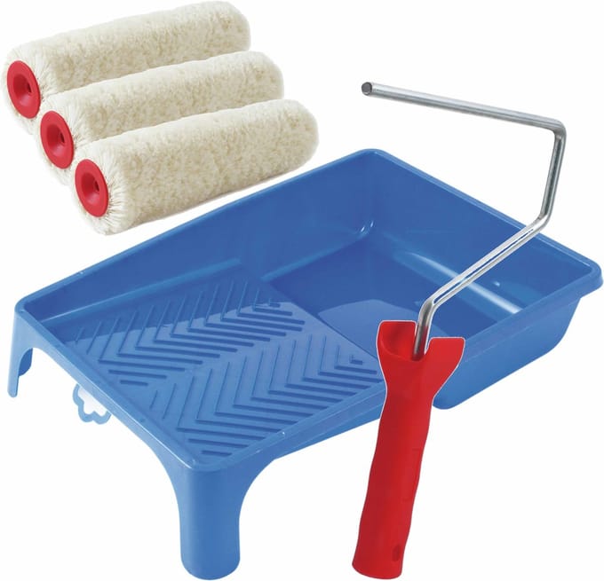 Verfroller lakroller schilderset met beugel en verfbak 18 cm