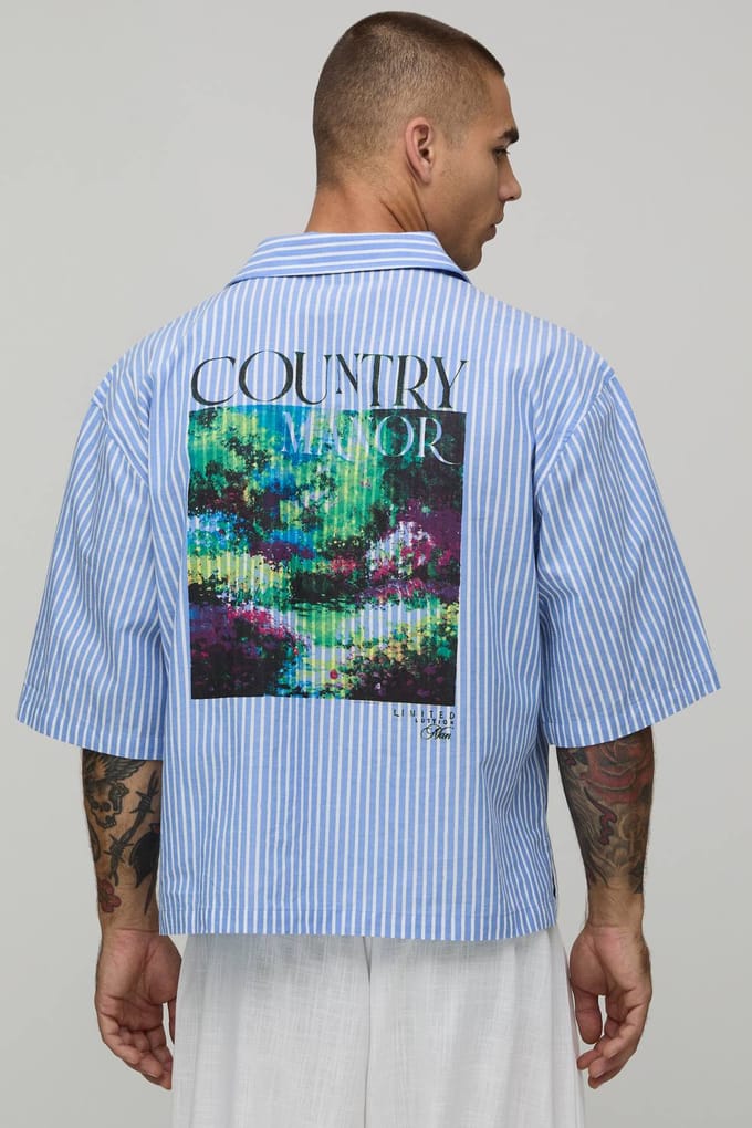Oversized Short Sleeve Poplin Stripe Polo Shirt | Blue | Size XL