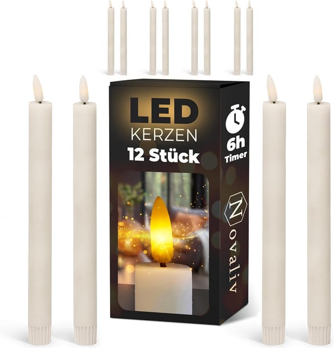 Set van 12 LED Staafkaarsen met Timer - Bewegende Vlam en Wit Licht - 22 cm