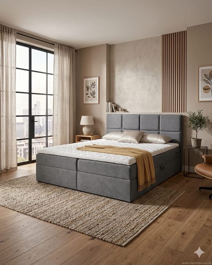 Boxspring Leno- 180x200- Donkergrijs Structuurstof- met vaste matras en opbergruimte- met topper 4cm