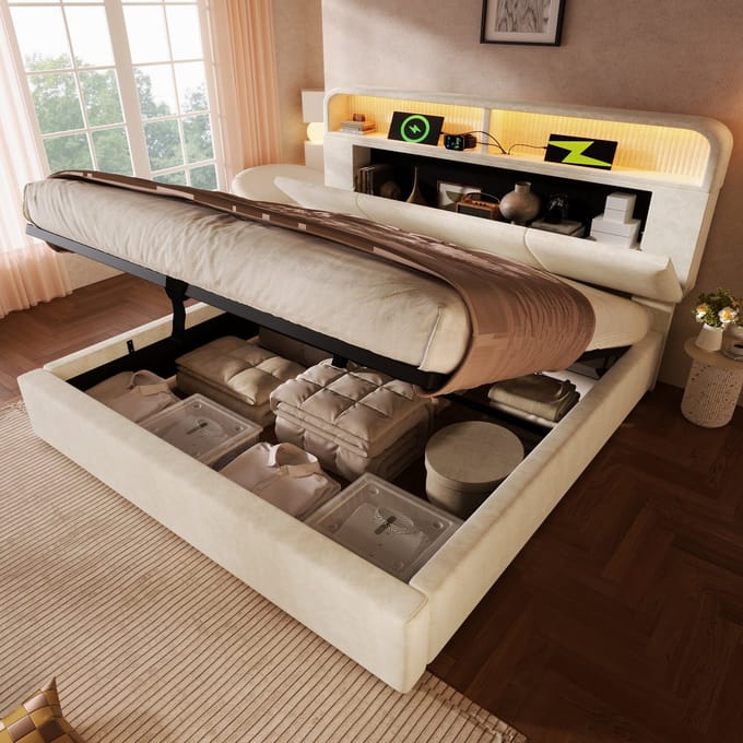MODFU Gestoffeerd Tweepersoonsbed – 160x200 cm – Verstelbaar Opberghoofdbord – LED & USB – Fluweel – Beige