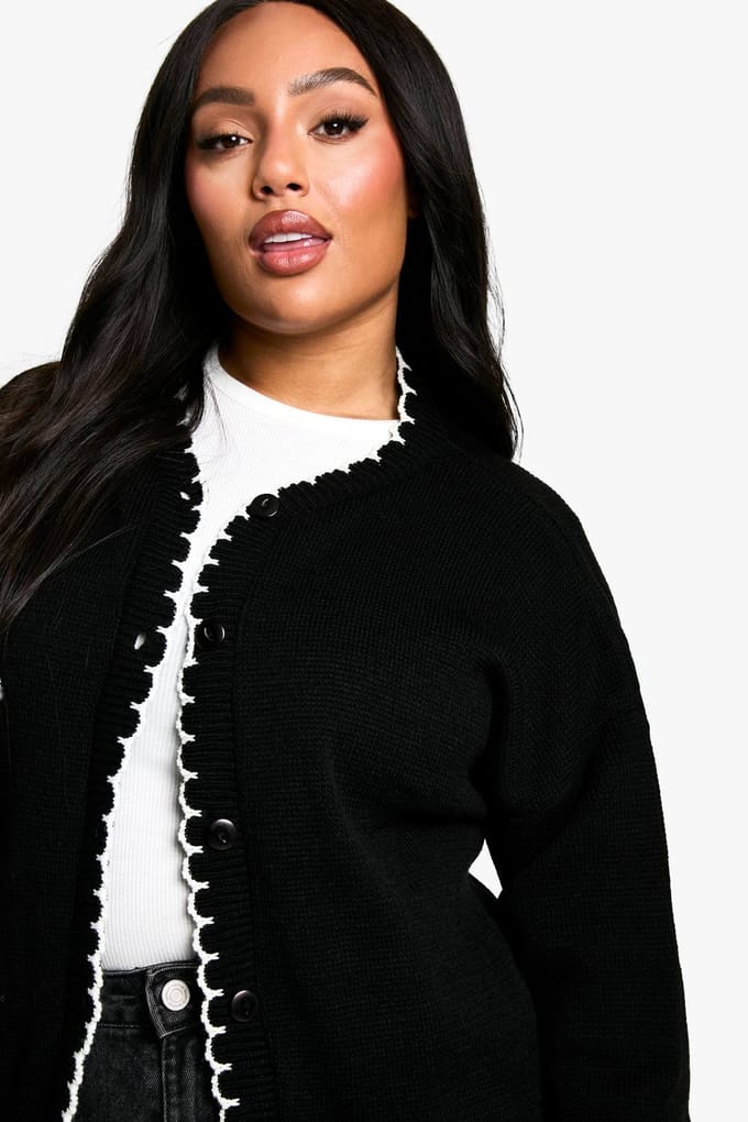 boohoo Dames Plus Blanket Stitch gebreide crop cardigan | Zwart | Maat: 52