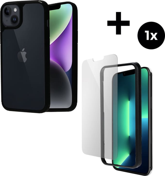 Mobiparts Rugged Clear Case hoesje geschikt voor Apple iPhone 14 Plus met 1 Screenprotector van Gehard Glas - Zwart/Transparent