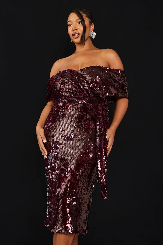 boohoo Dames Plus Premium Pailletten Off The Shoulder Midi Jurk | Malbec | Maat: 28