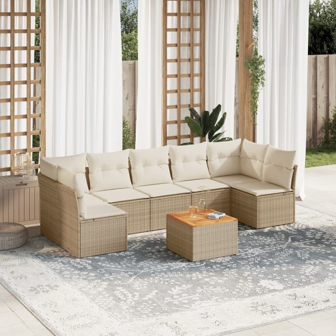 vidaXL - 8-delige - Loungeset - met - kussens - poly - rattan - beige