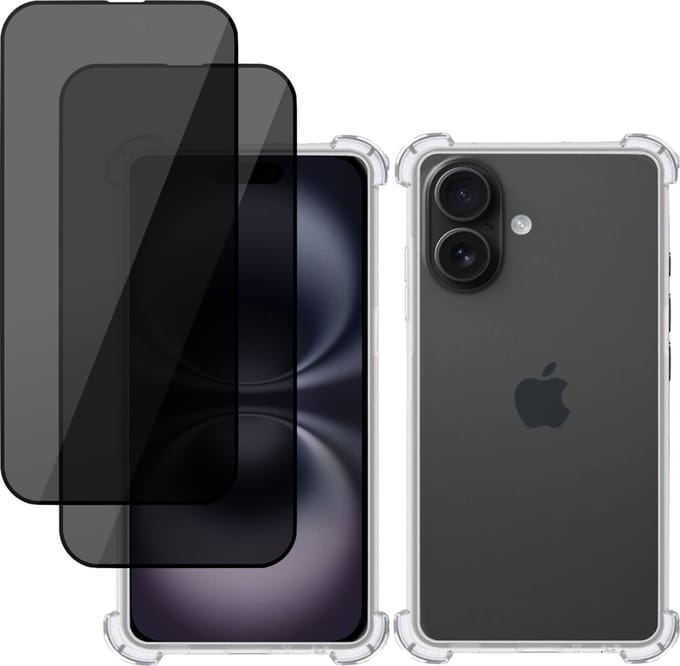Hoesje + 2x Privé Screenprotector geschikt voor Apple iPhone 16 – Privacy Tempered Glass - Case Transparant