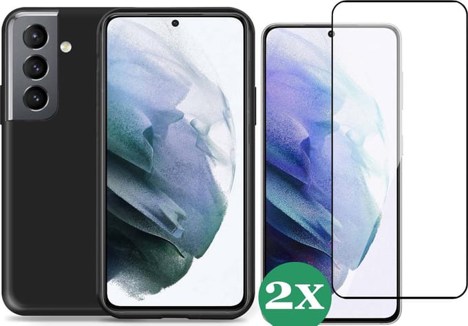 Hoesje geschikt voor Samsung Galaxy S21 FE - 2x Full Screenprotector Glas - Schokbestendig Zwart
