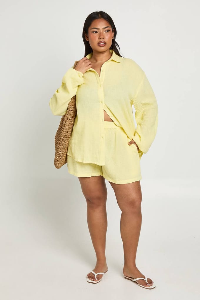boohoo Dames Plus Katoenen Gaas Strandshort | Citroen | Maat: 44