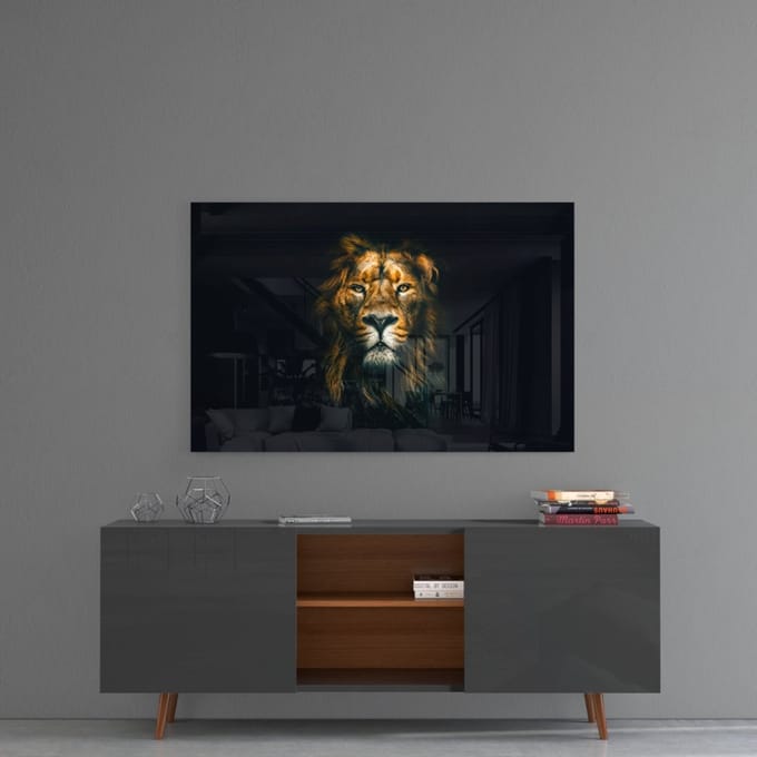 Glasschilderij - Leeuw - Wanddecoratie - 72 x 46 cm