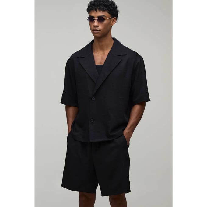 Wrap Linnen-look Shirt & Short Set | Black | Size Medium