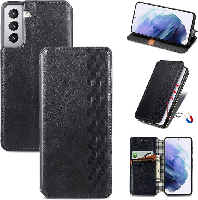 Luxe PU Lederen Ruitpatroon Wallet Case + PMMA Screenprotector voor Galaxy S22 Plus _ Zwart