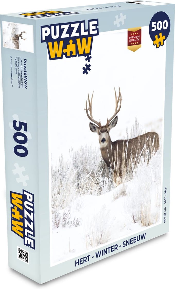 Puzzel Hert - Winter - Sneeuw - Dieren - Seizoenen - Wit - Legpuzzel - Puzzel 500 stukjes