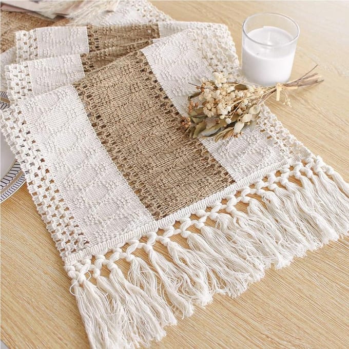 Boho Herfst Tafelloper Boerderij Jute Katoen Tafelloper met Kwastjes Geweven Macramé Huis Woonkamer Tafeldecoratie beige