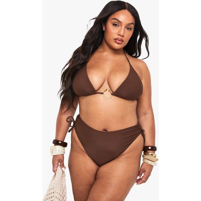 boohoo Dames Plus gerimpelde high waist bikini-bottom | Chocoladebruin | Maat: 54