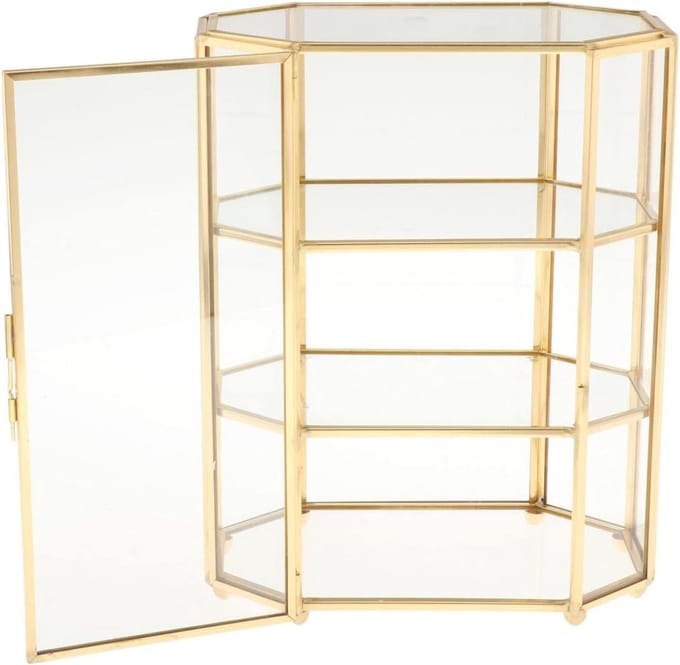 Luxe 3-Laags Sieradendoos en Make-up Organizer van Glas en Goudkleurig Metaal