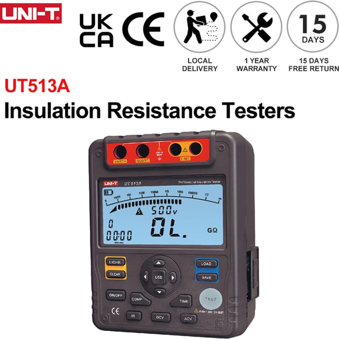 UNI-T Isolatieweerstandstester UT513A 5000V 1000GΩ Ohmmeter 600V AC DC Spanningstester Gegevensopslag PI DAR-test