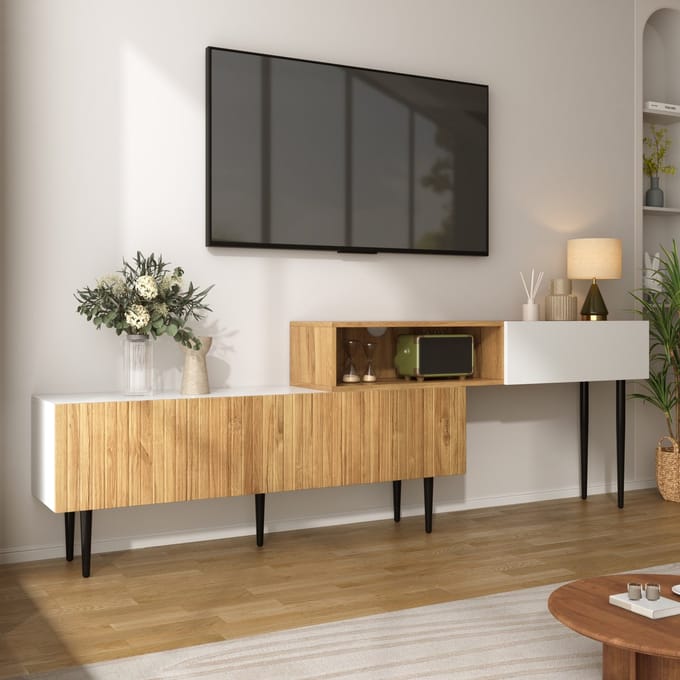 TV-Meubel Set - Verstelbare Lengte - Modulair 2-Delig Design - MDF - Hout/Wit