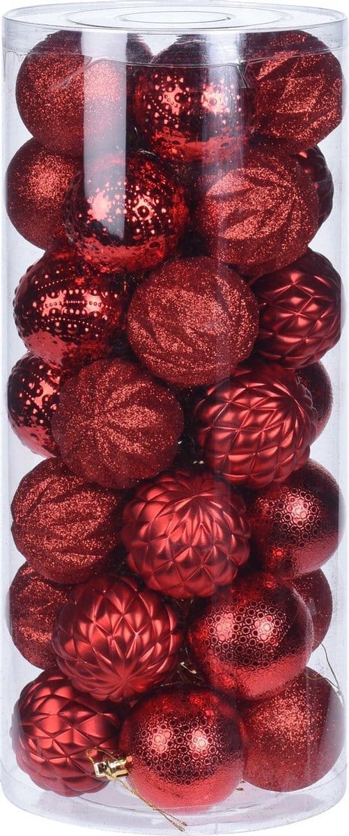 35 Rode Kerstballen in Tube - Kerstdecoratie