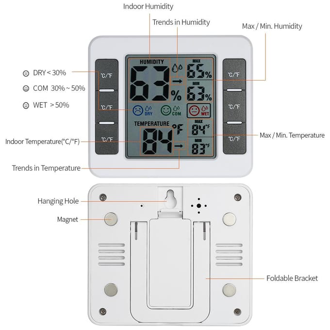 LCD Digitale Binnenthermometer Hygrometer Kamer/H Temperatuur-vochtigheidsmeter Meter gray
