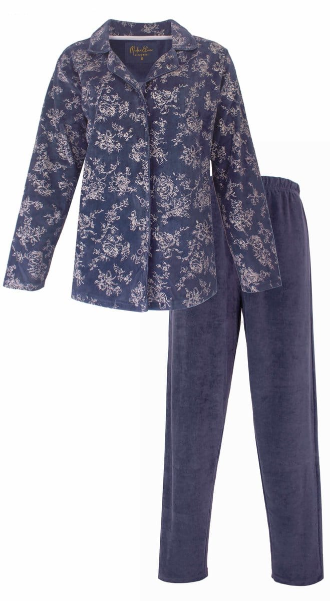 Medaillon Dames Pyjama - Velours - Doorknoop - Donker Blauw - Maat M