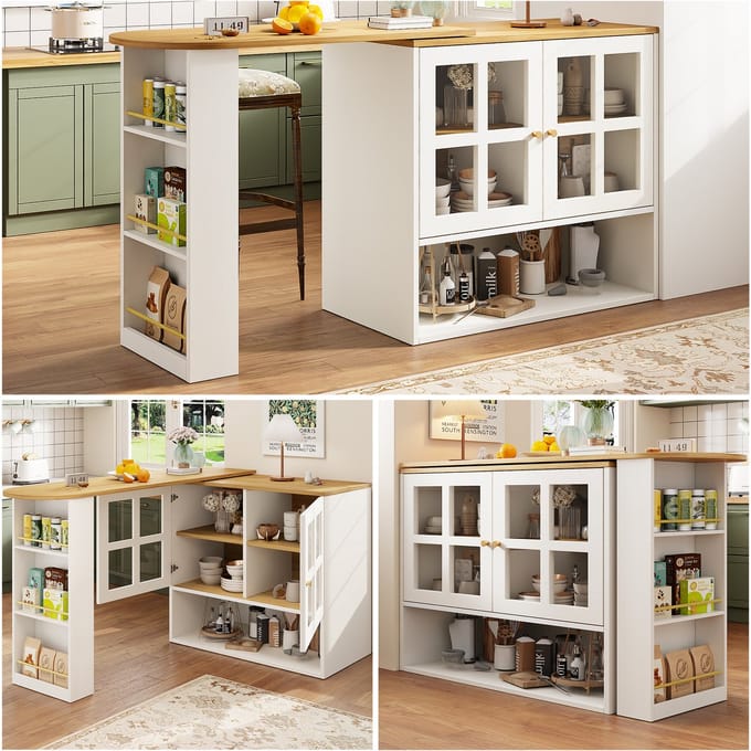 Draaibare Eetbar - Met Snackrek en 5 Opberglagen - Met Glas en Planken - Wit