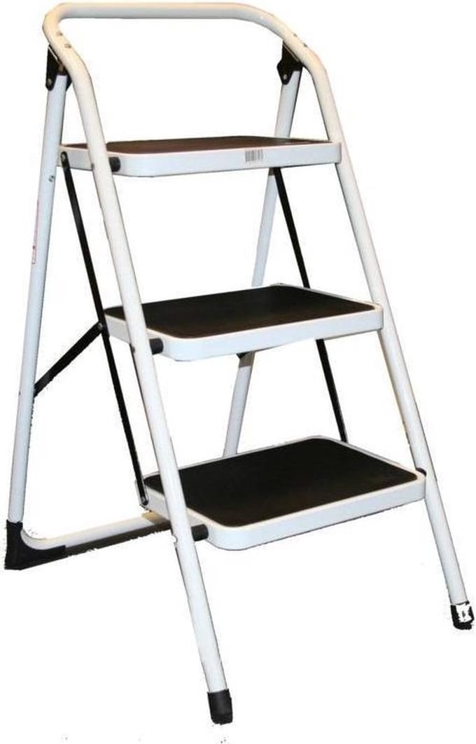 Huishoudtrap keukentrap - wit metaal - 3 treden - 114 cm - antislip