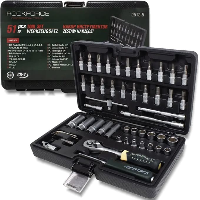 Rockforce - Set gereedschap - 51 elementen - Cr-V staal - 1/4" koppeling