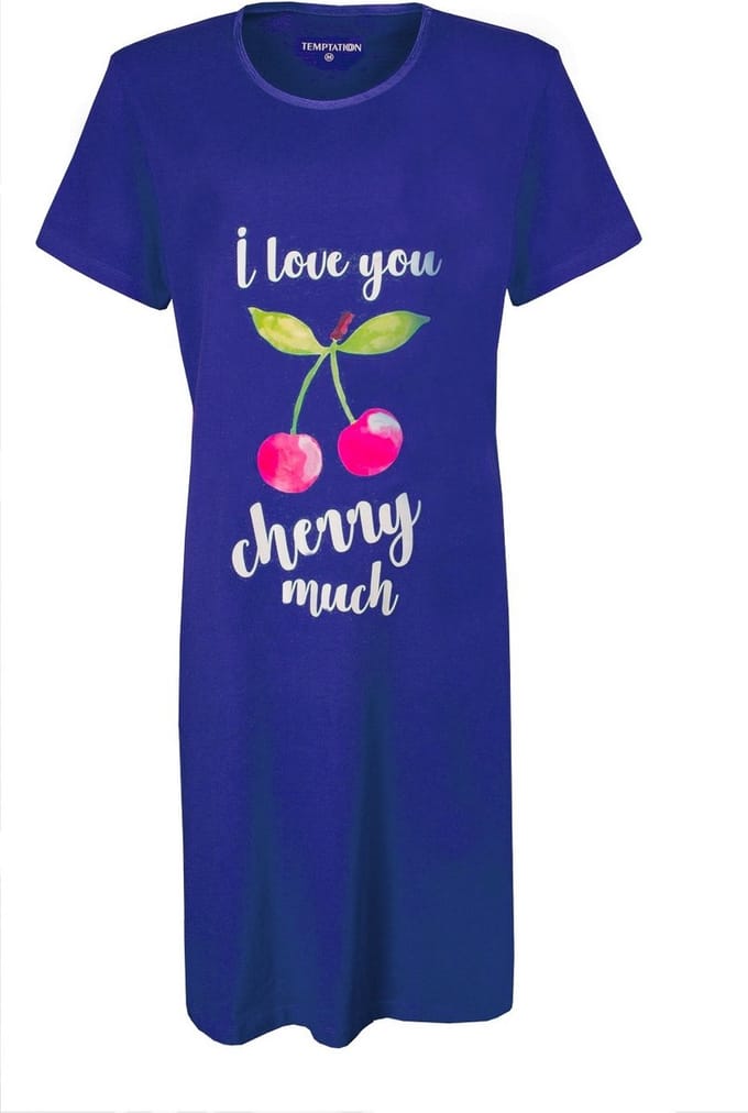 Temptation Dames Nachthemd - Bigshirt - 100% Katoen - Blauw - Maat S