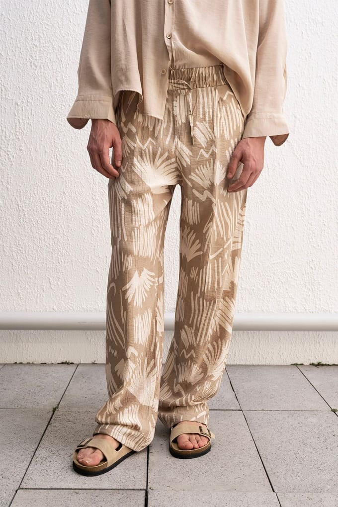 Ontspannen Pasvorm Wijde Pantalon met Patroon en Touwsluiting