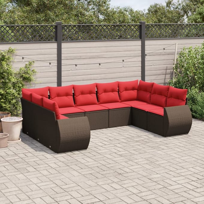 vidaXL - 9-delige - tuinbankset - met - kussens, - bruin - polyrotan