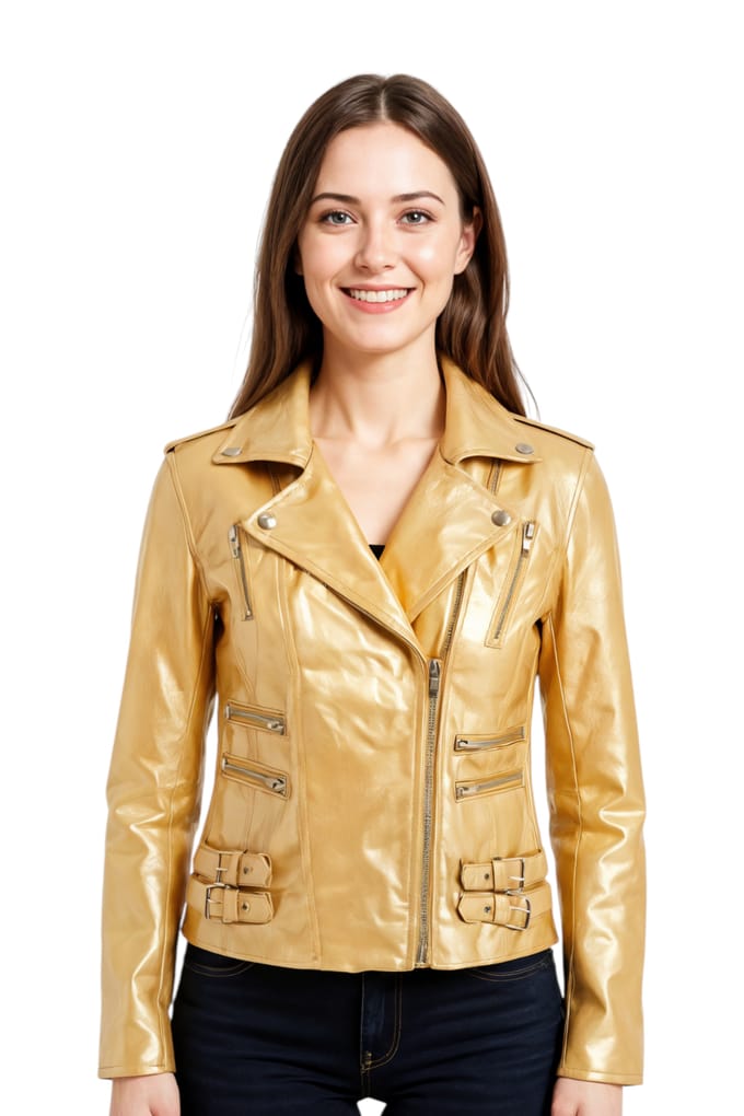 Dames leren gouden Brando bikerjack - Constantia
