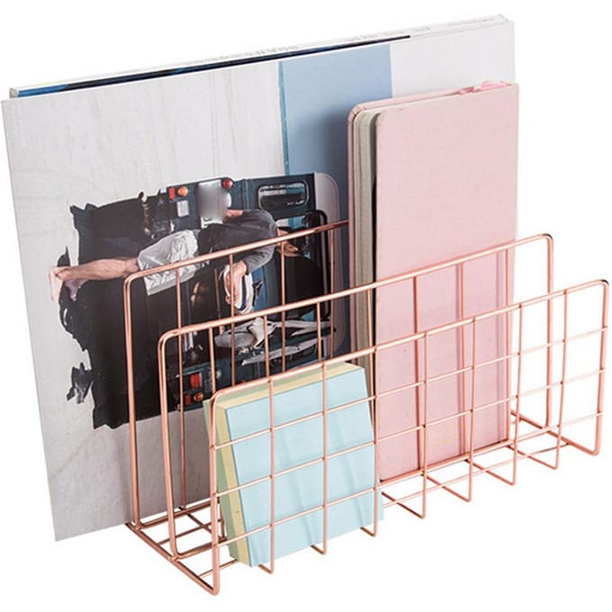 Briefhouder IJzer Metaal Drie Vakken Boekenplankhouder Multifunctionele Map Sorteer Organizer rosé gouden kleur