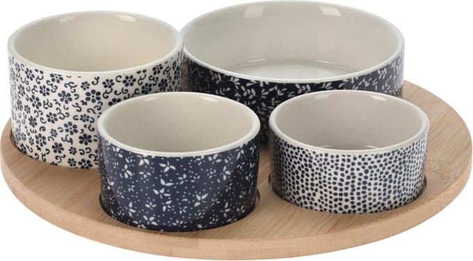 Excellent Houseware Serveerplank/borrelplank hapjes/saus/tapas - porselein - blauw - 4x schaaltjes