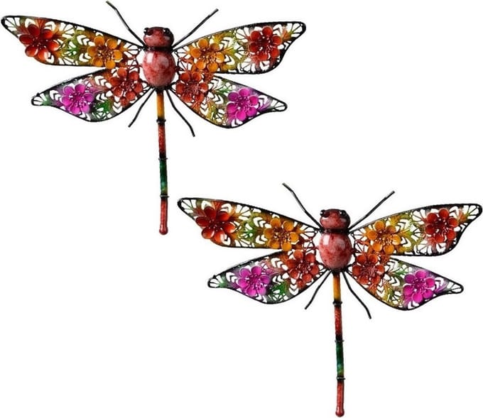 Tuinlibelle decoratie - 3x - multikleur - metaal - 27 x 33 x 4 cm