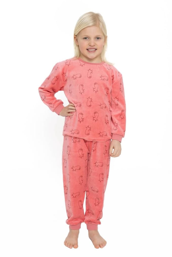 Cocodream - Meisjes Pyjama - Velours - Katjes - Roze - Maat 98