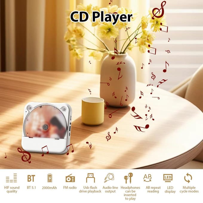 CD-speler met afstandsbediening BT Draagbare Desktop CD-speler voor thuis LED-scherm Ingebouwd wit