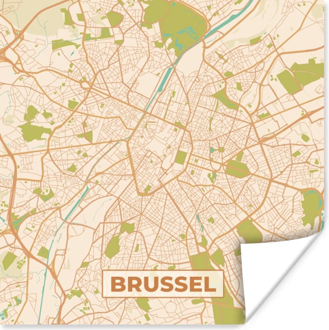 Poster Plattegrond - Retro - Brussel - Stadskaart - Kaart - 75x75 cm
