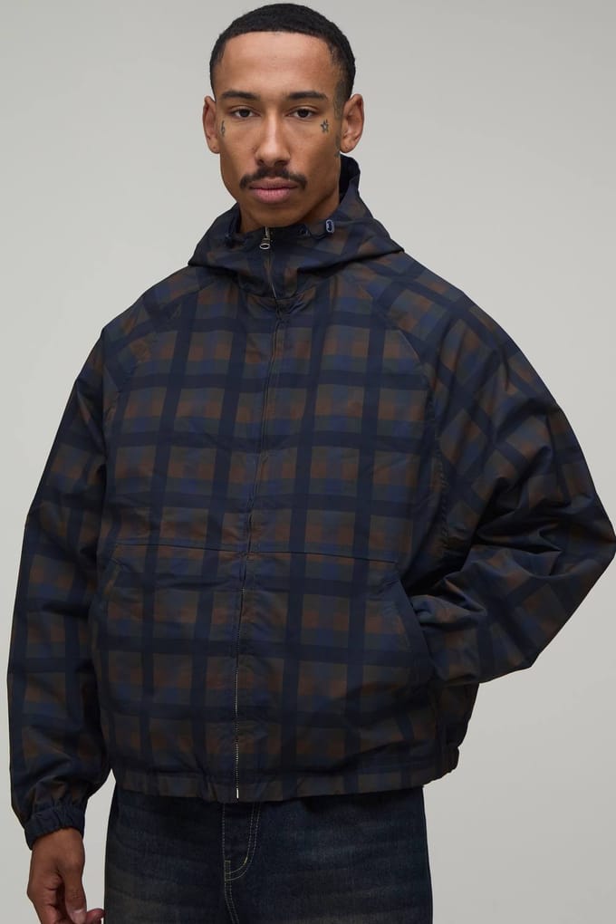 Oversized Boxy Fit Omkeerbare Geruit Twill Cagoule Met Capuchon | Navy | Size Small