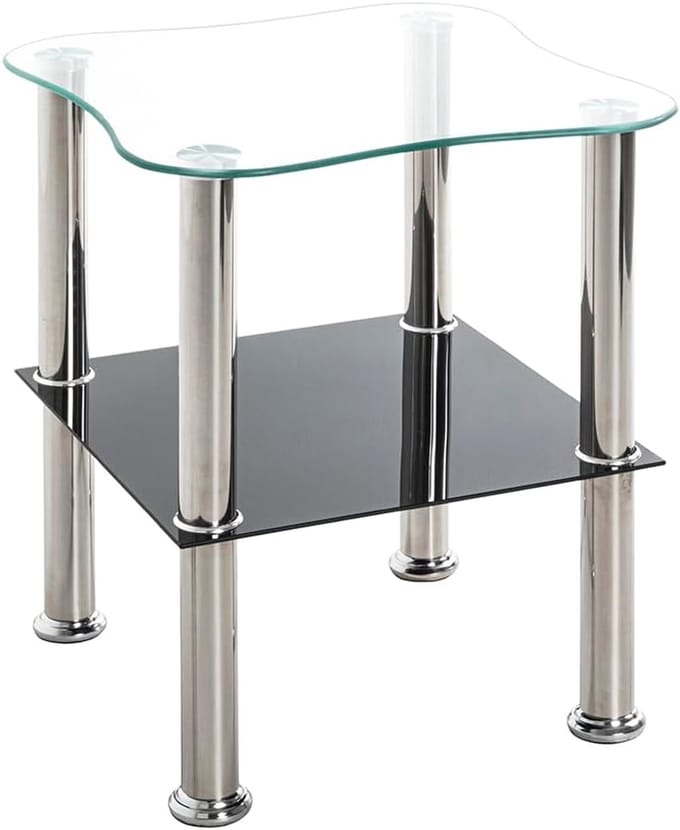 Moderne Bijzettafel met Zwarte Glasplaat en RVS Frame - Rond 40x47 cm