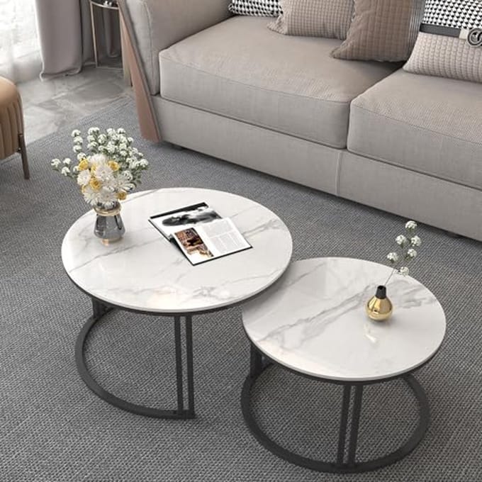 Ronde marmeren salontafel Set van 2 - Glanzend wit, gesinterd steen voor woonkamer en balkon