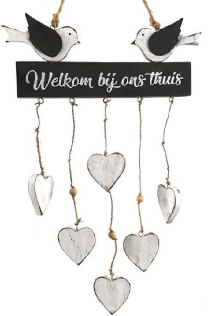 Hanger hartjes duifjes 43x30cm welkom bij ons thuis grey/white
