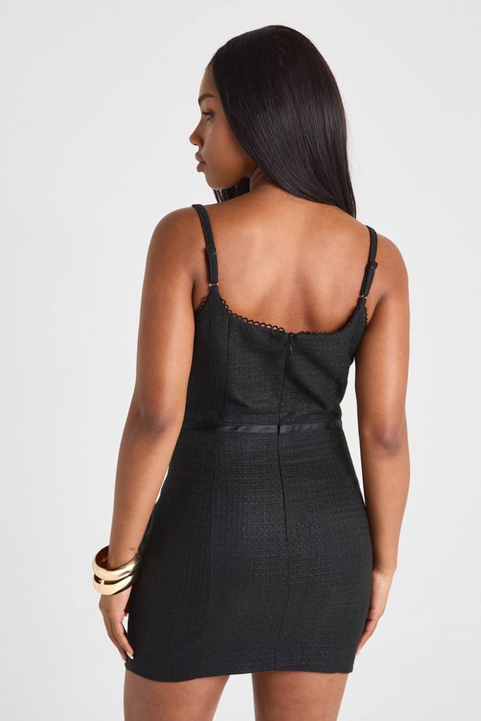 boohoo Dames Boucle Bow Detail Mini Jurk | Zwart | Maat: 42