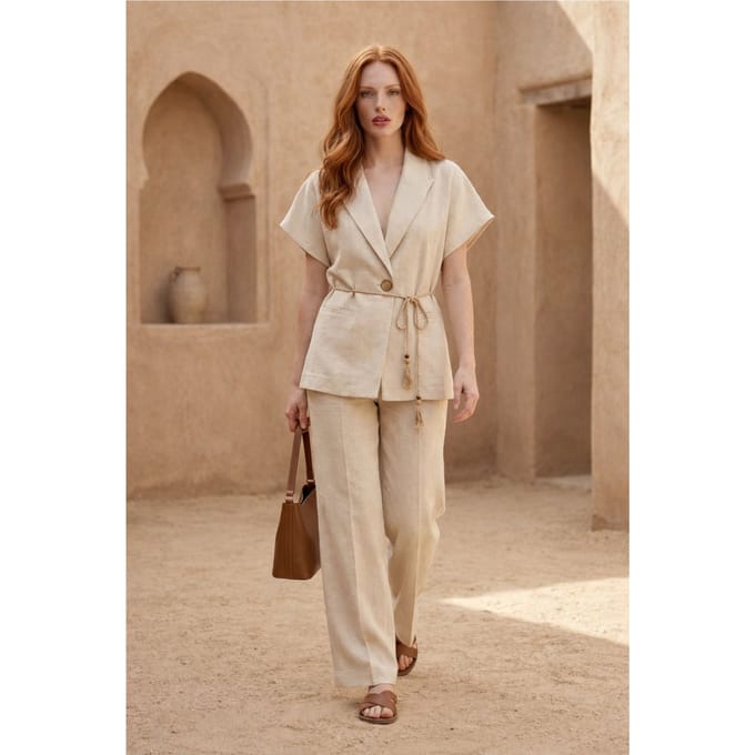 V-hals Ge knopte Blouse & Hoge Taille Broek Twee-Delige Set