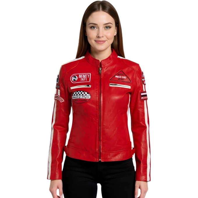 Dames rode leren bikerjack met racebadges - Dalby