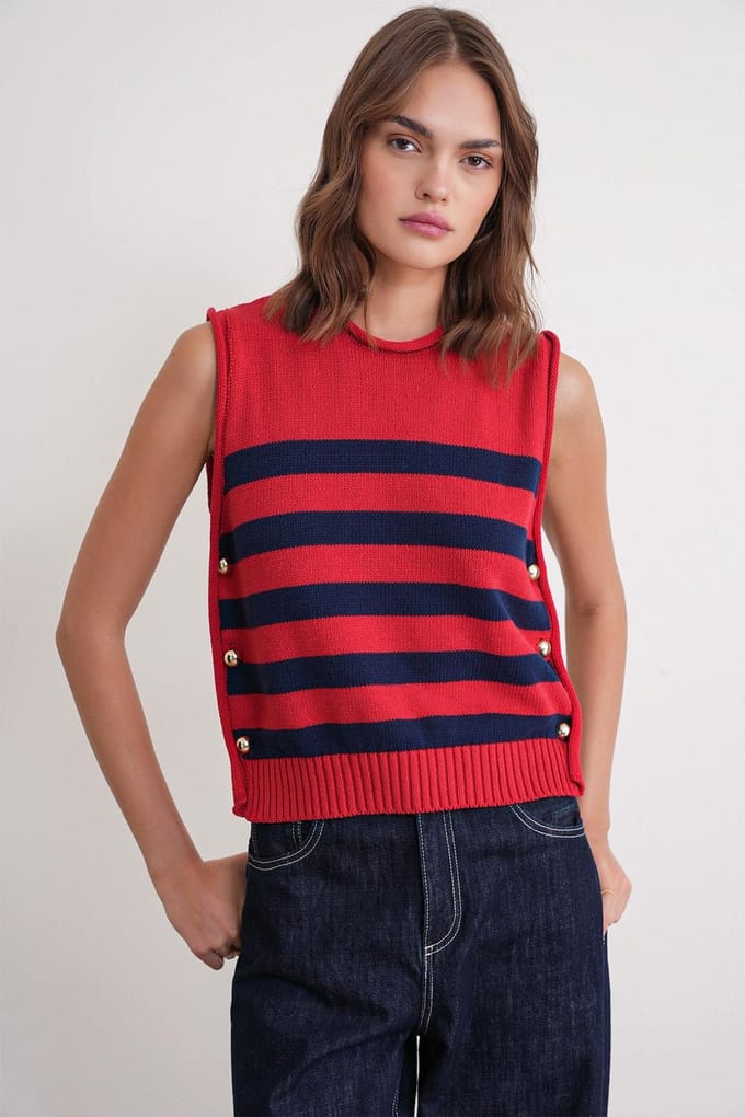 Gestreepte Gebreide Top met Knopdetails