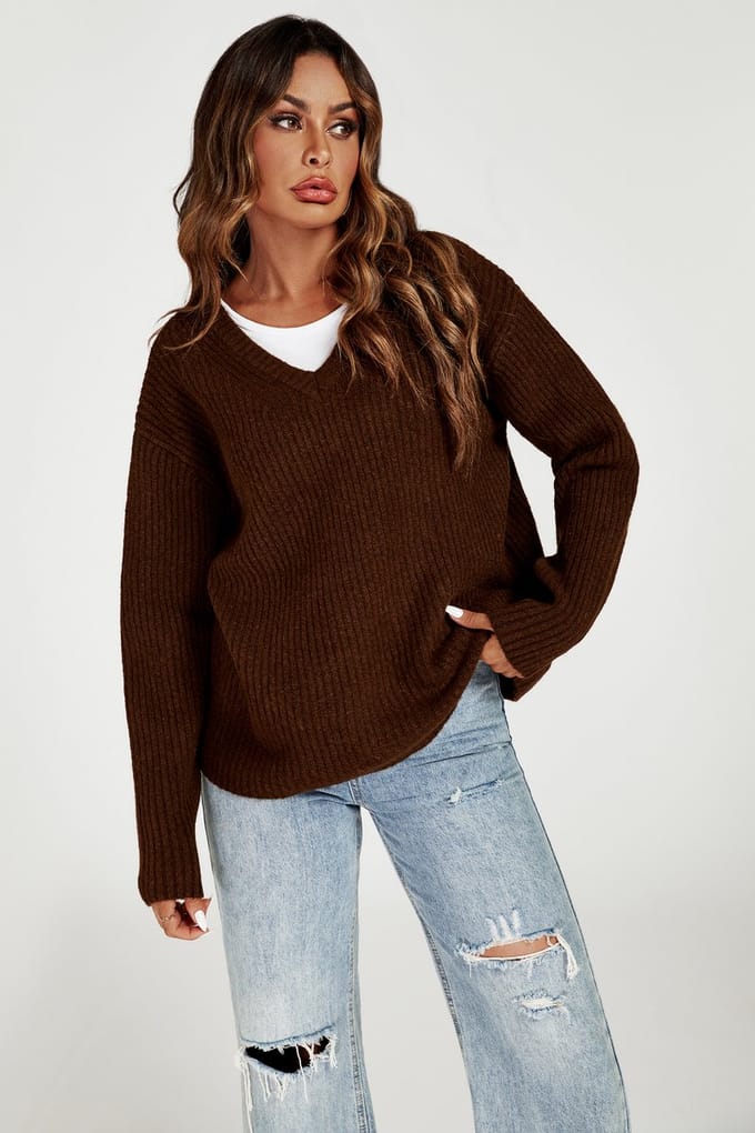 V-hals trui top in bruin