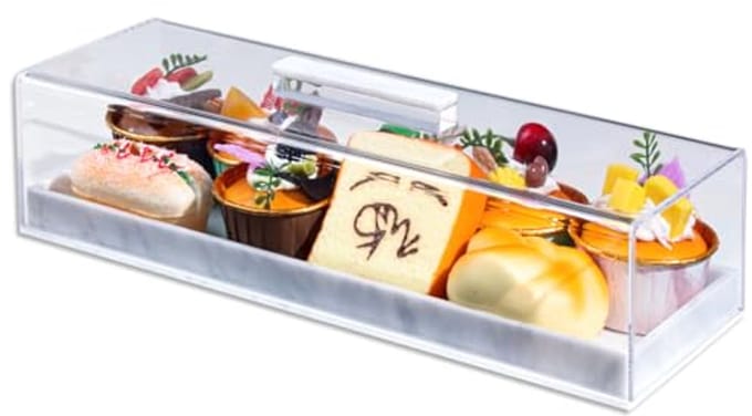 Taartstandaard met deksel - Dessert plateau - Gebak presenteren - Marmerlook basis - 37 cm lengte - Transparant