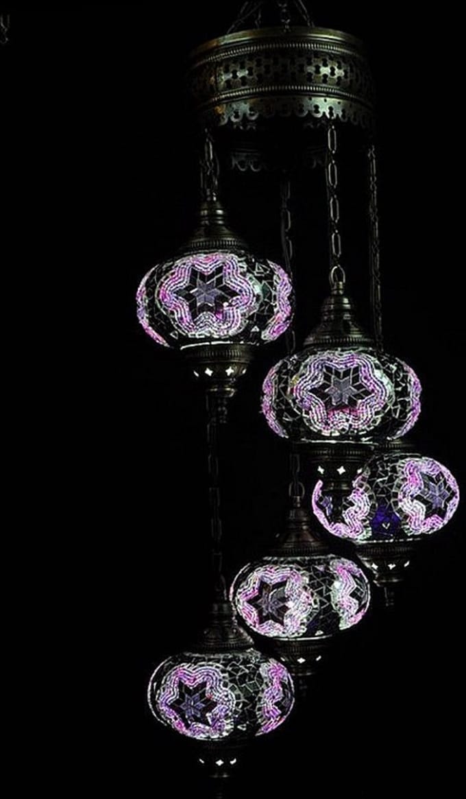 Turkse lamp - Hanglamp - Mozaïek - 5 bollen - Paars en handgemaakt met E-14 fitting