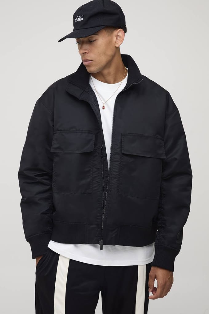 Oversized pasvorm chunky rib funnel neck bomberjack | Black | Size Large